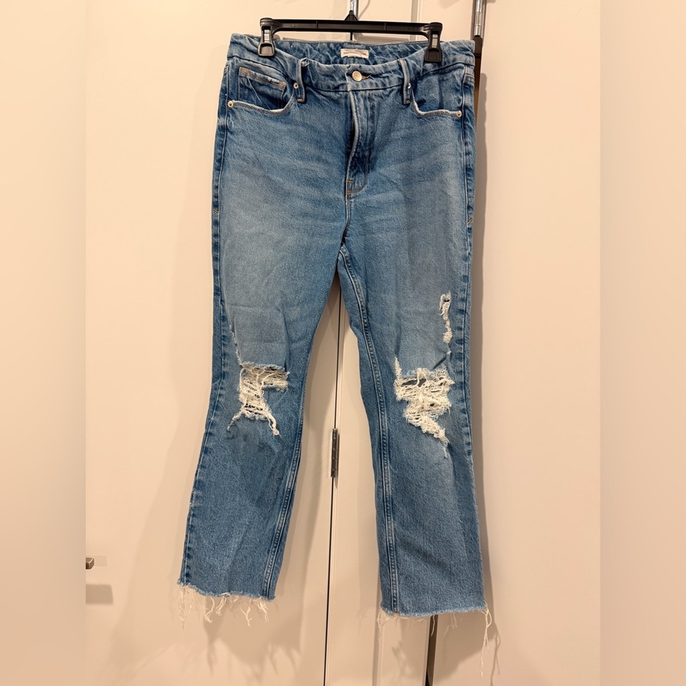 Good American Straight Leg Distressed Jeans - Light Blue